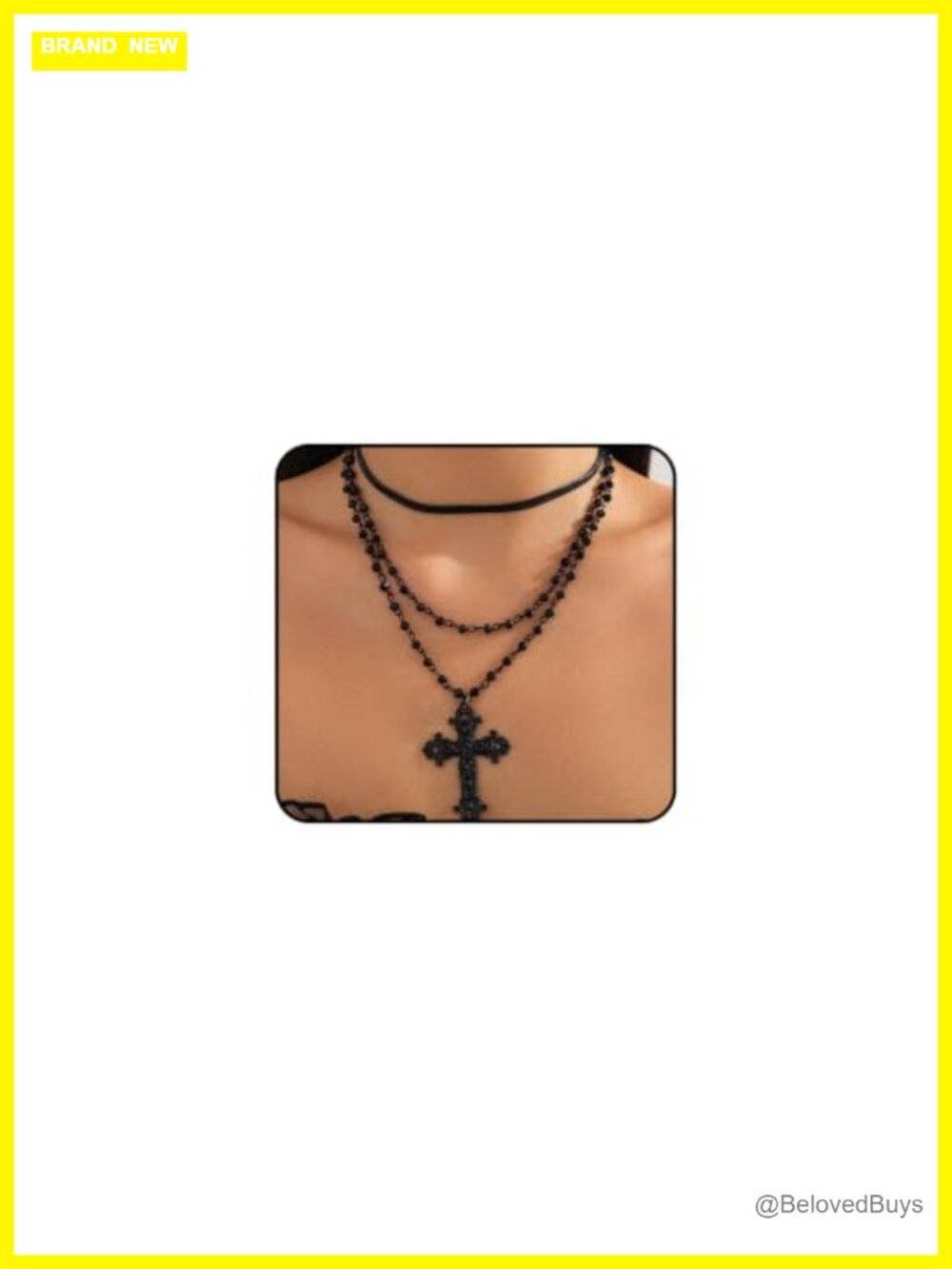 Goth Black Cross Layered Necklace Crystal Bead Pendant for Women
